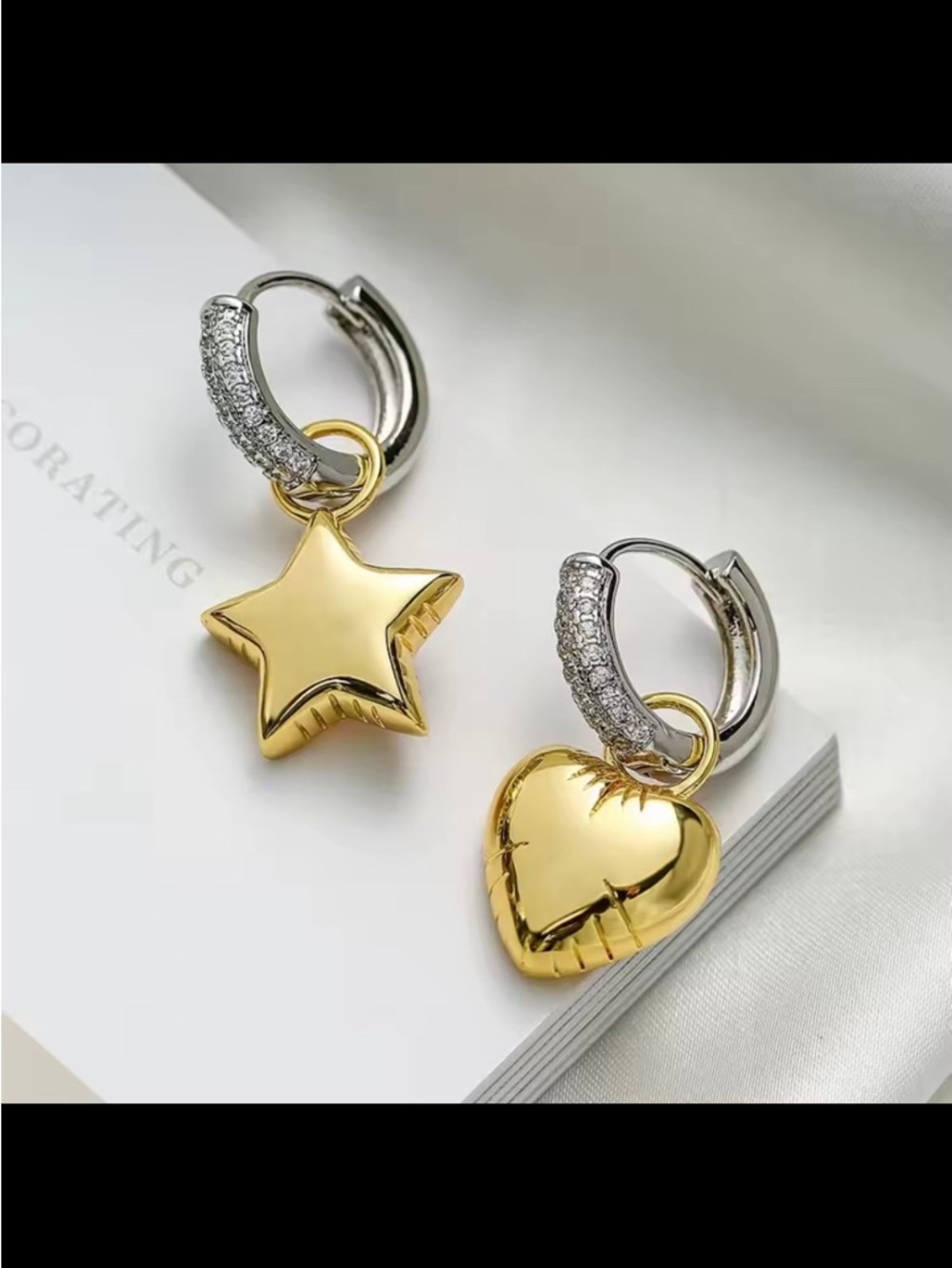 Gold Star & Heart Drop Huggie Earrings with Crystal Hoop